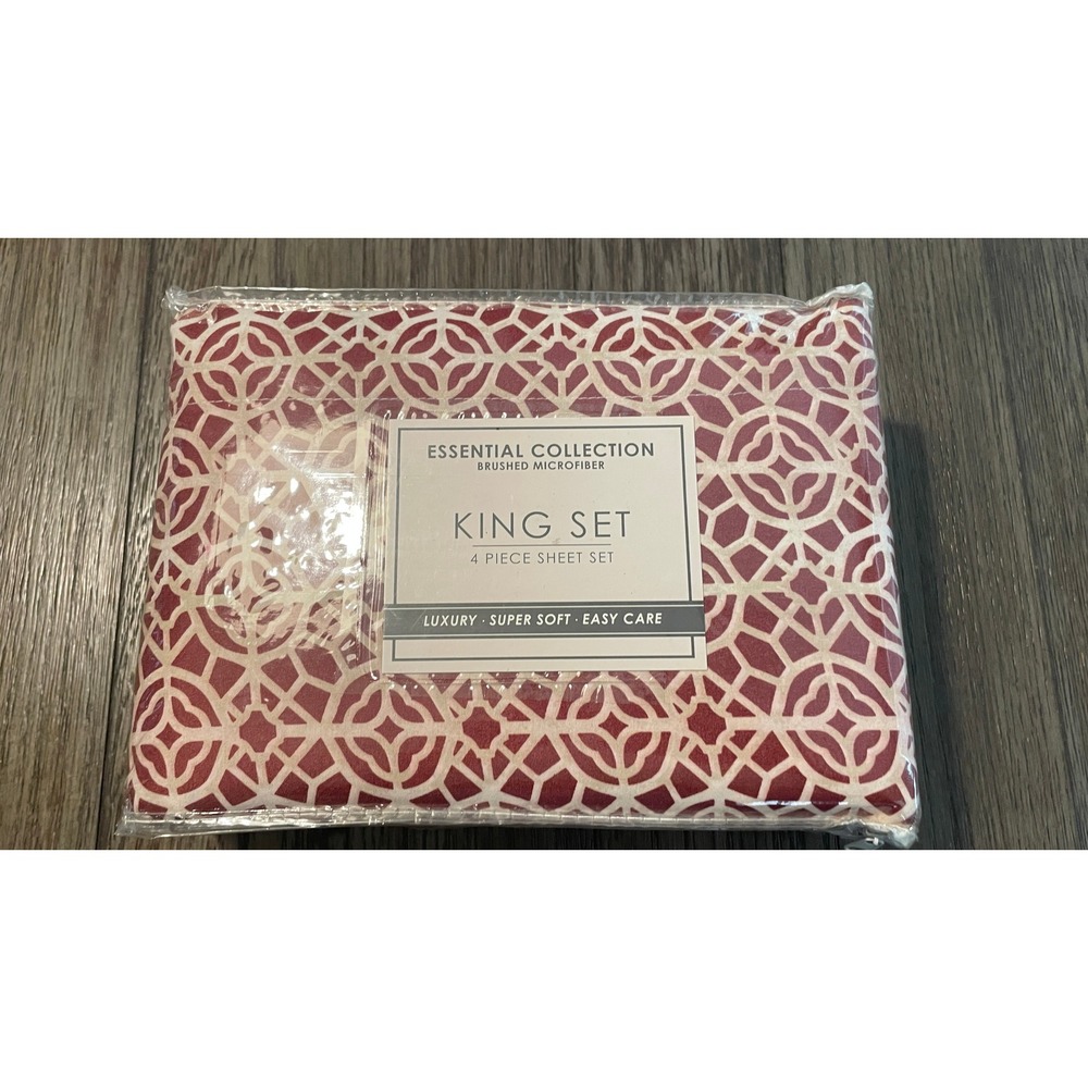 Essential Collection King Sheet Set Burgundy White Geometric Microfiber 4pc